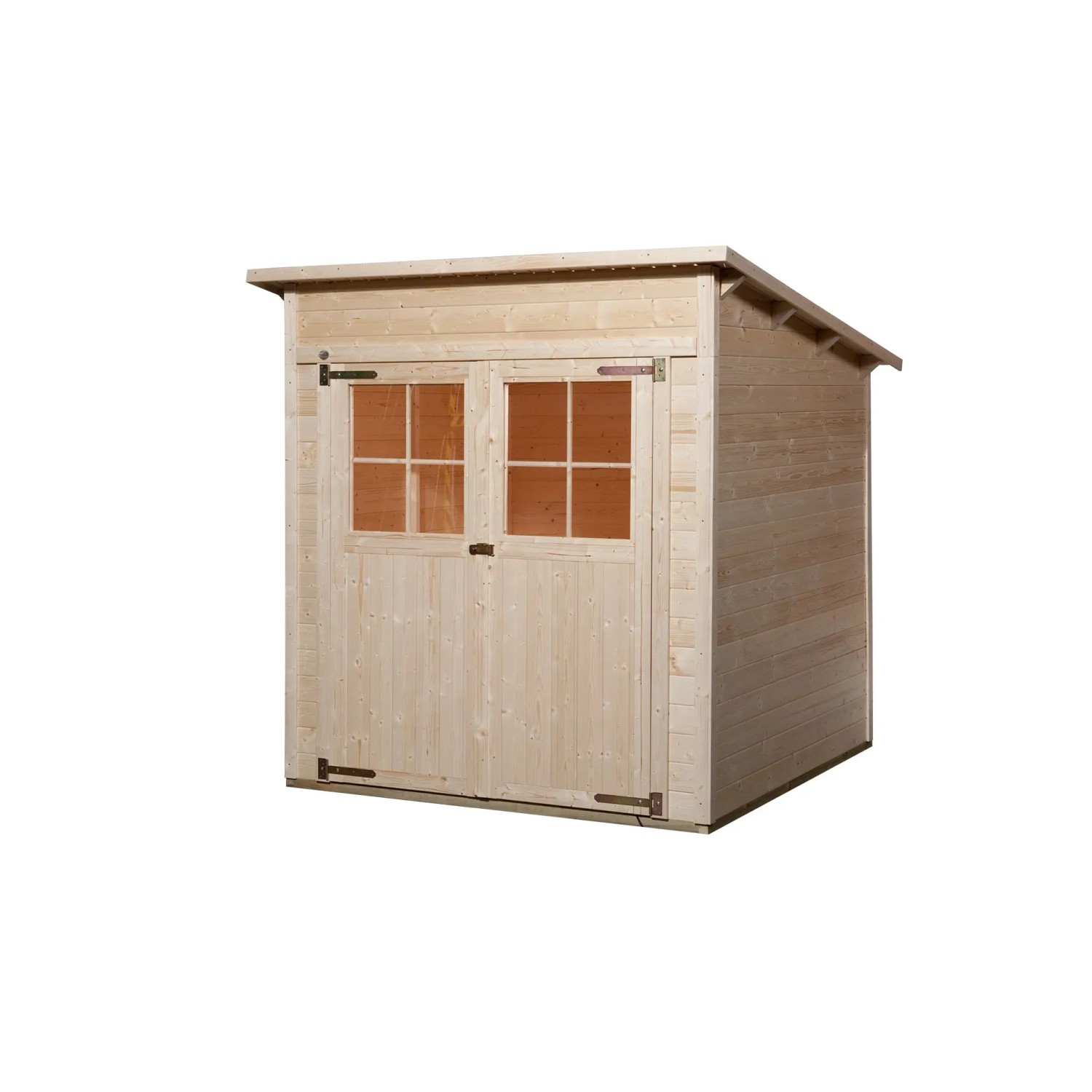 Unbehandeltes Holz-Gartenhaus mit Pultdach, 200x198 cm. Naturfarbenes Gerätehaus mit Doppeltür und Fenstern.