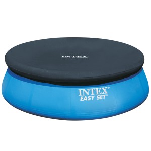 Intex Abdeckplane für Easy-Pool Rundbecken (Ø 305 cm) in Dunkelgrau auf blauem Pool.