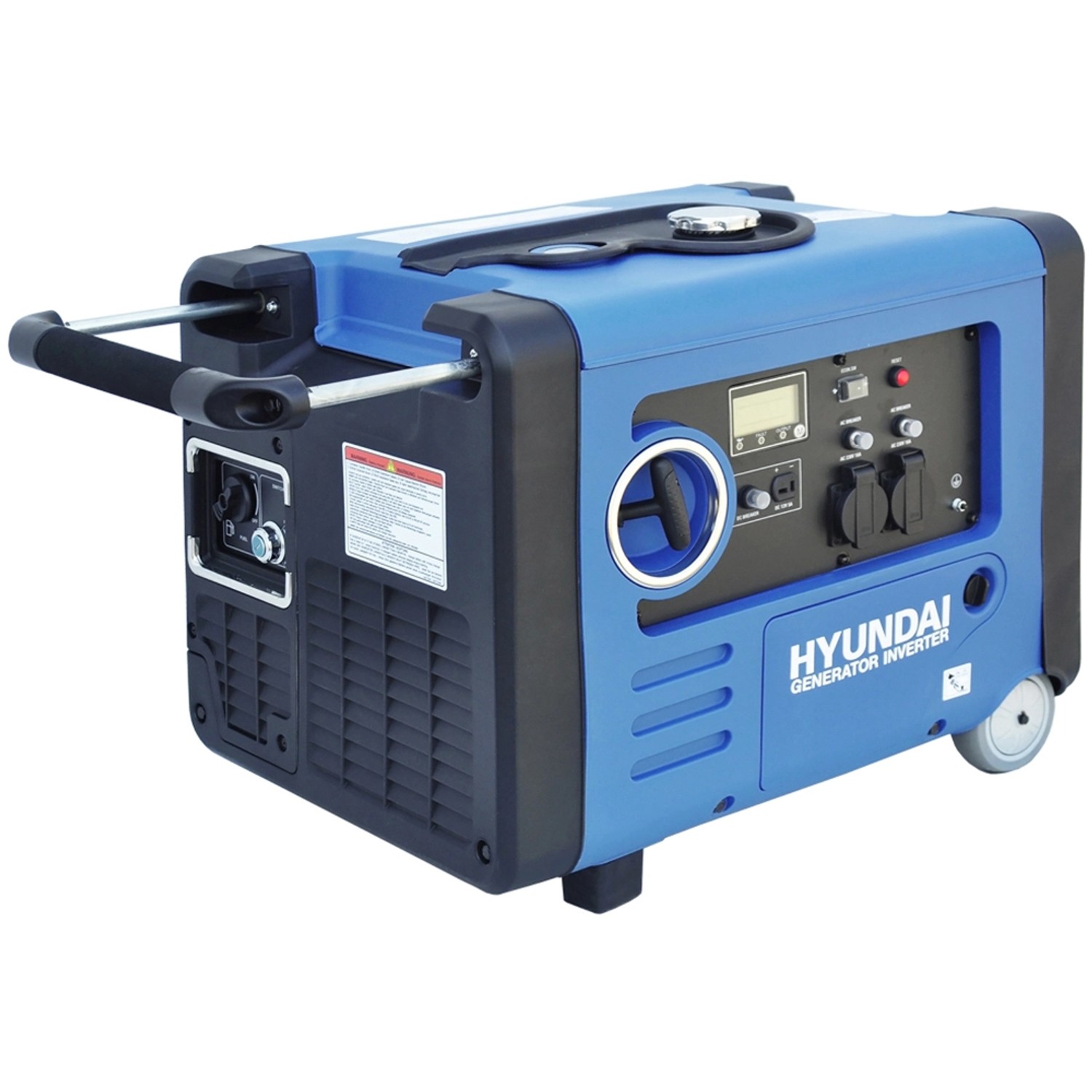 Blauer Hyundai Inverter-Generator HY4500SEi D mit Rädern und Tragegriff.