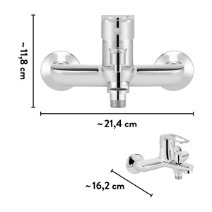 Chromfarbene baliv Wannenarmatur WA-5160 mit Maßangaben.