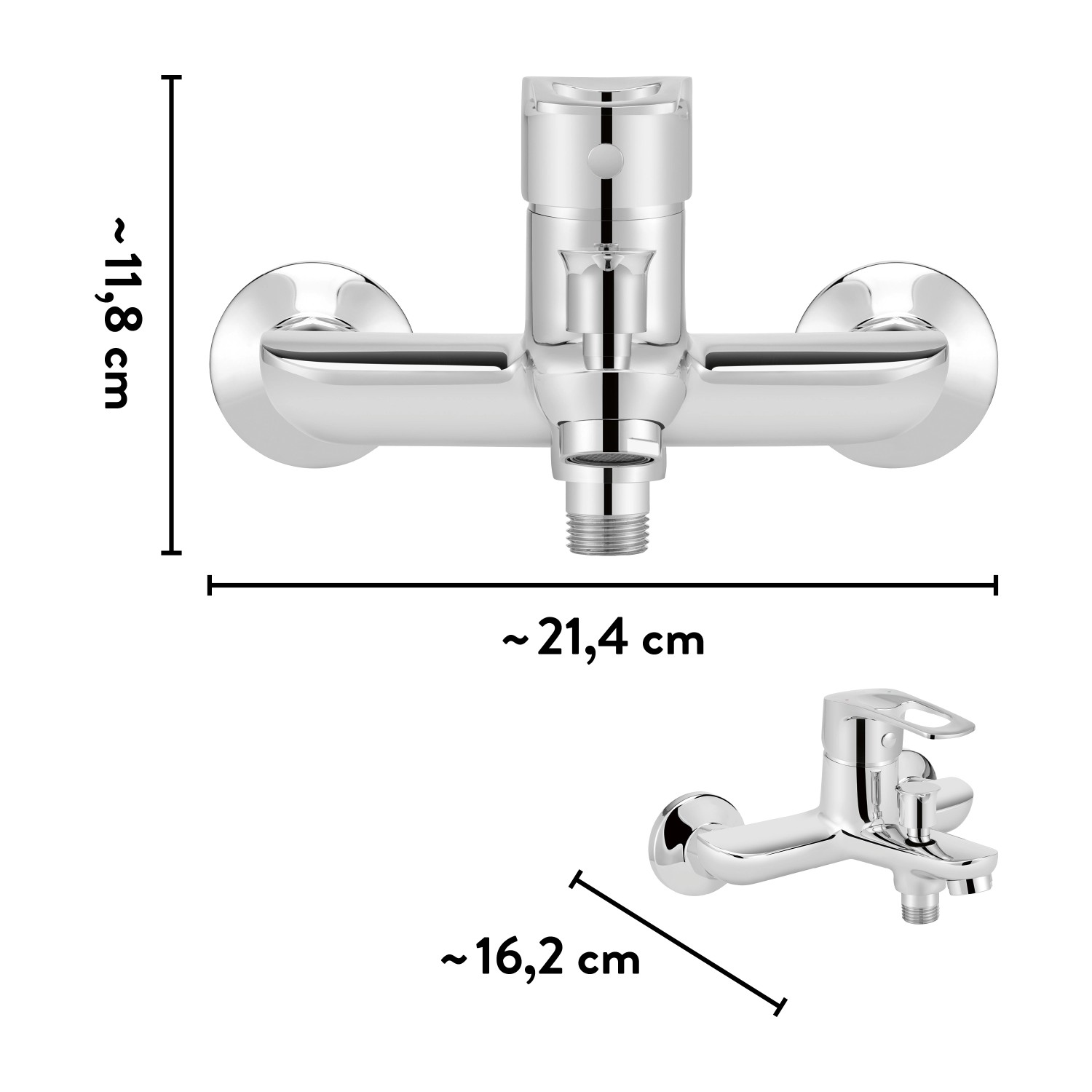 Chromfarbene baliv Wannenarmatur WA-5160 mit Maßangaben.