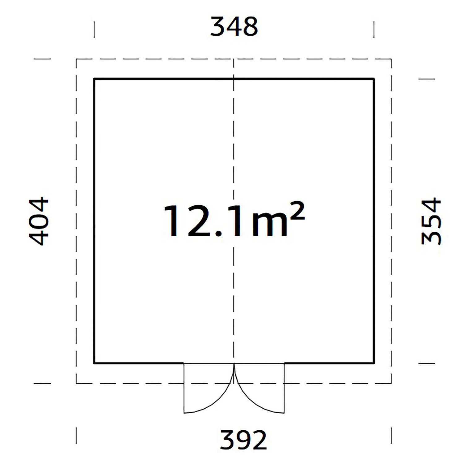 Grundriss Palmako Gerätehaus Lucas, 348x354 cm, hellgrau, mit Maßen und Türposition.
