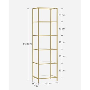Vasagle Glasregal mit 6 Ablagen, goldfarbenem Rahmen, 30x40x177cm, für Wohnzimmer und mehr.