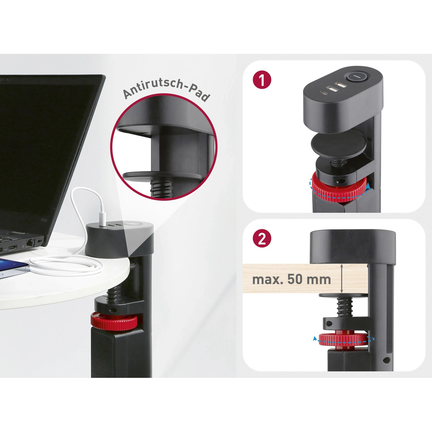 Schwarze 3-fach Steckdosenleiste mit USB-Anschlüssen und Tischklemme, 1,4 m Kabel.