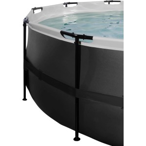 Detailansicht des schwarzen Exit Black Leather Pool ø 450 cm mit Stahlrahmen und Sandfilterpumpe.