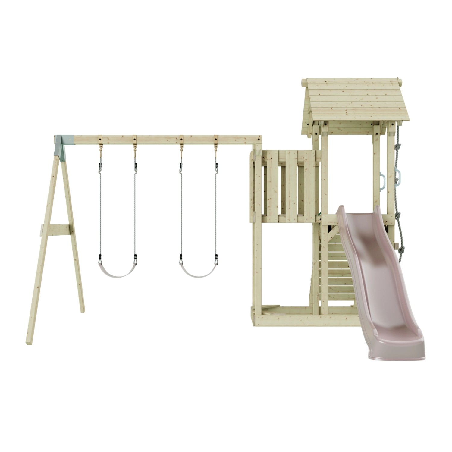 PolarPlay Kinderschaukel Uppsala Altrosa mit Spielturm und Rutsche aus Holz.