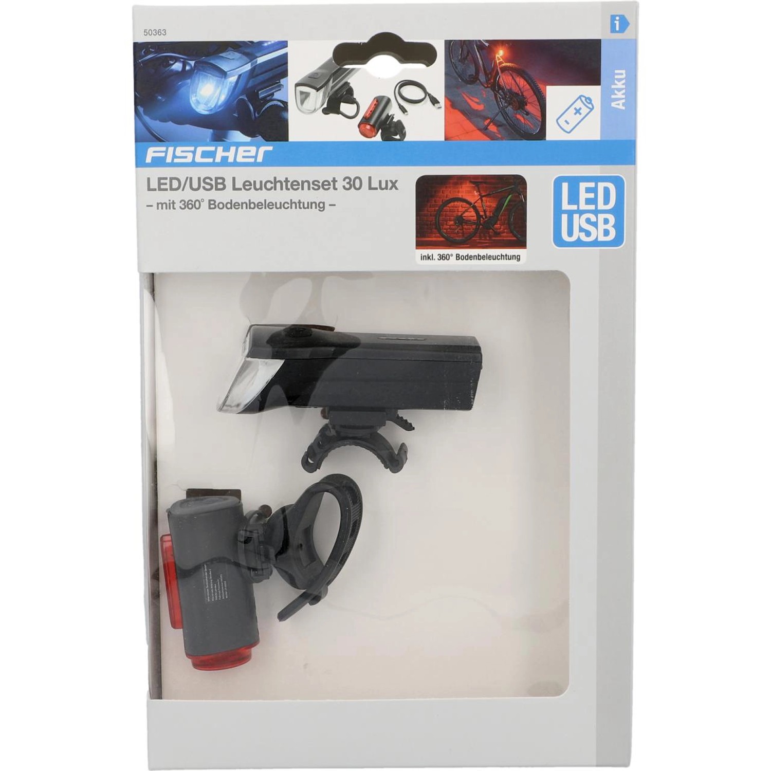 Fischer Akku-LED-Beleuchtungsset mit Bodenbeleuchtung für Fahrräder.