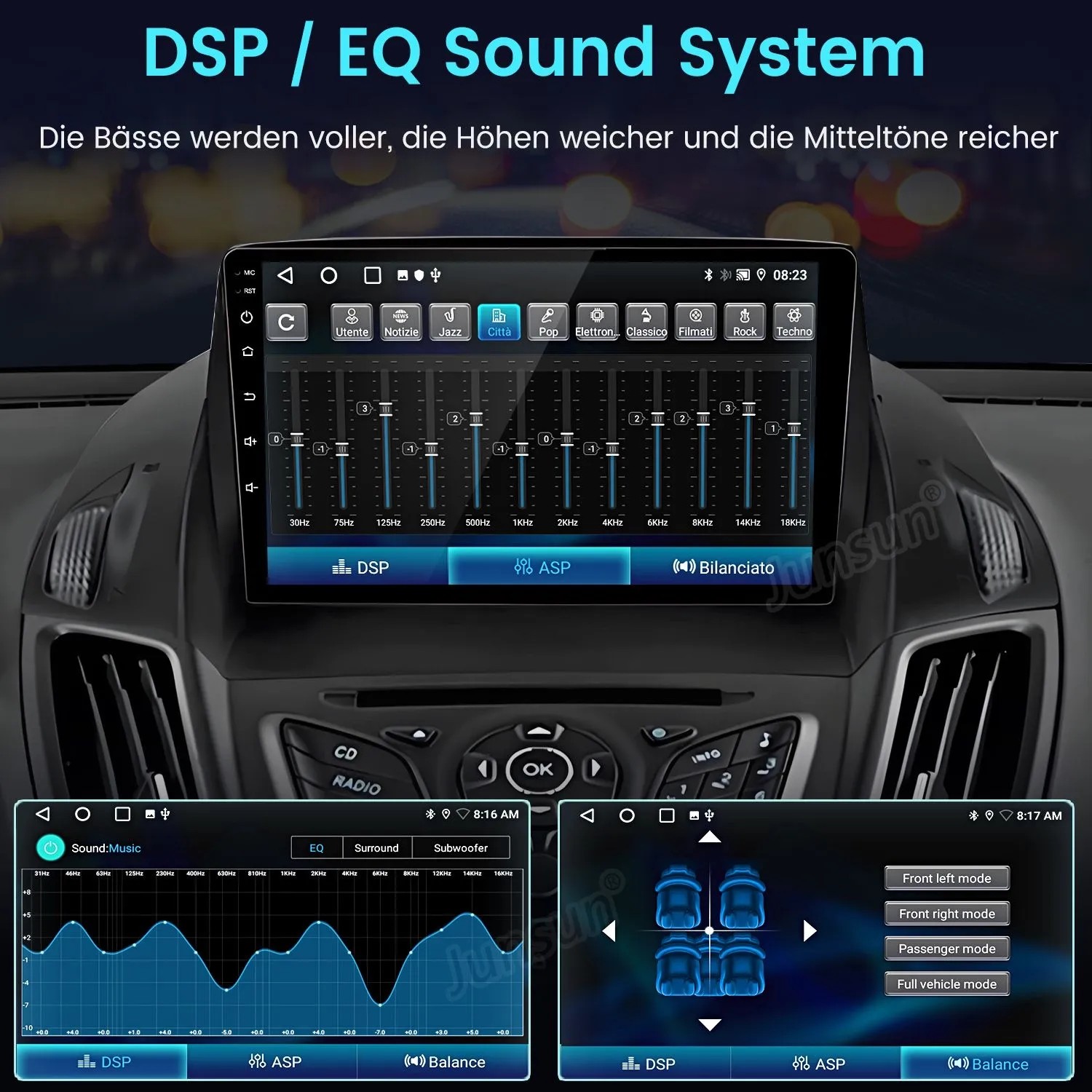 Junsun Autoradio: Touchscreen zeigt DSP/EQ Sound System mit Equalizer-Einstellungen und Audio-Balance.