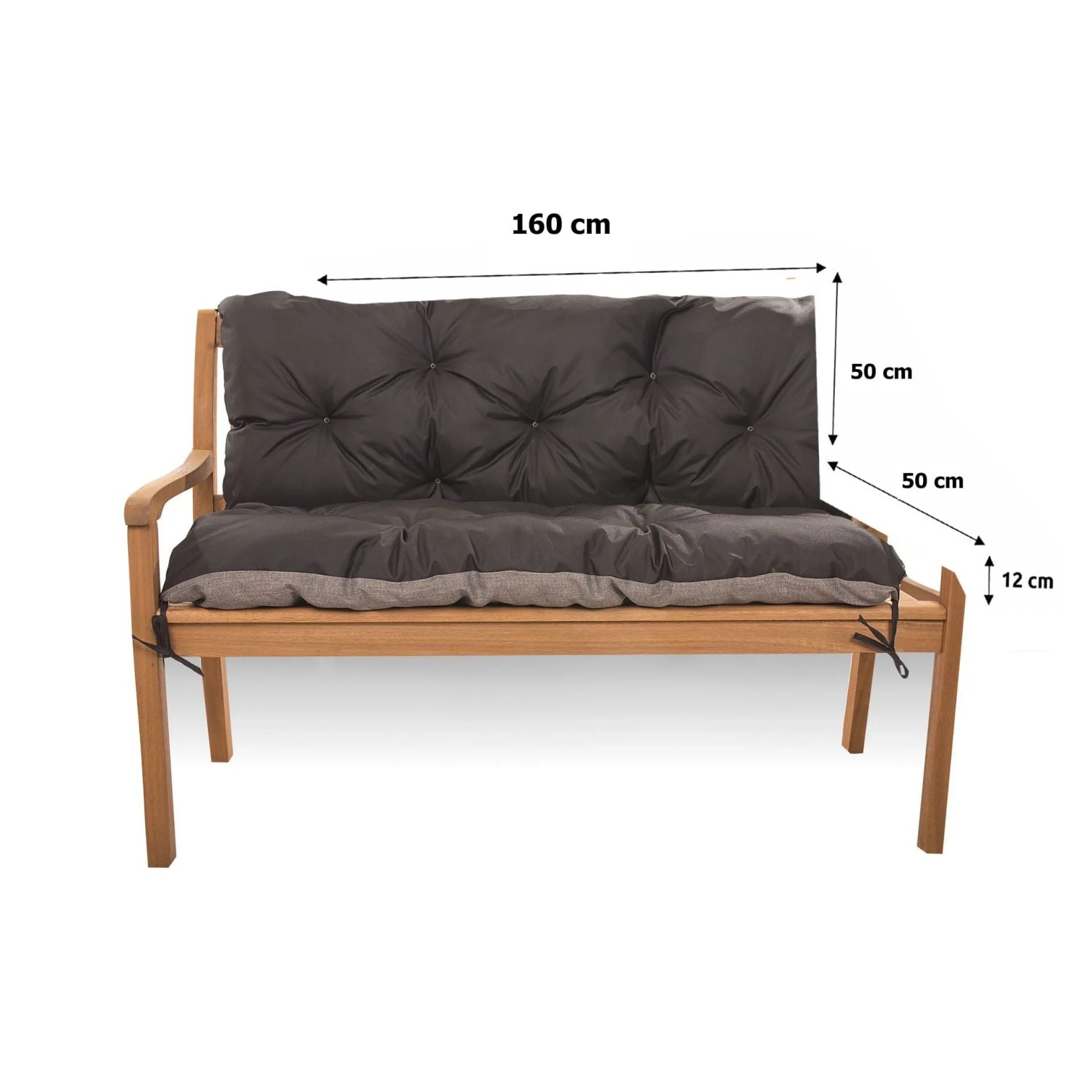 Schwarze Setgarden Bankauflage 160x50x50cm für 3-Sitzer Gartenbänke. Zweiteiliges, getuftetes Outdoor Kissen mit Rückenlehne.