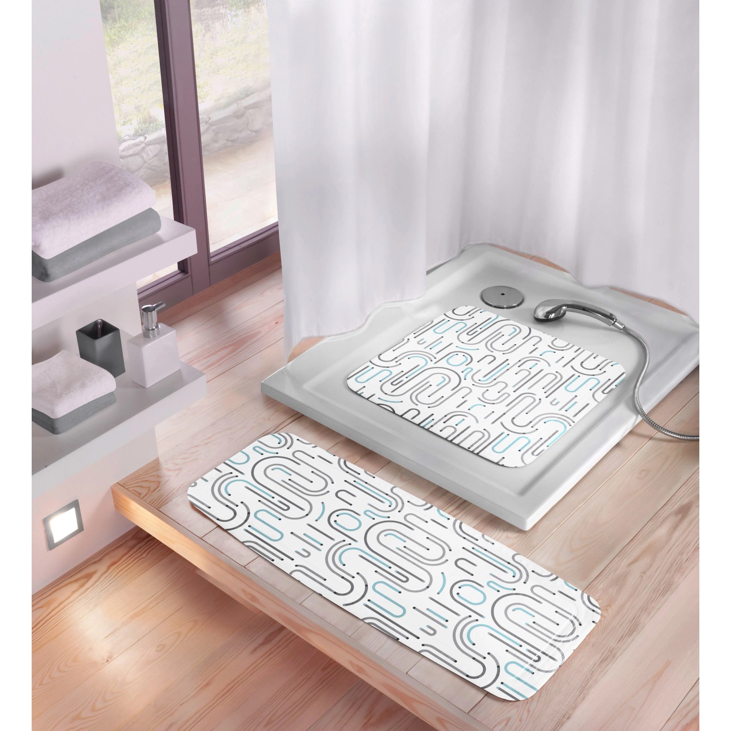 Kleine Wolke Wanneneinlage Vision mit geometrischem Muster in Grau und Aqua, 36x92 cm.