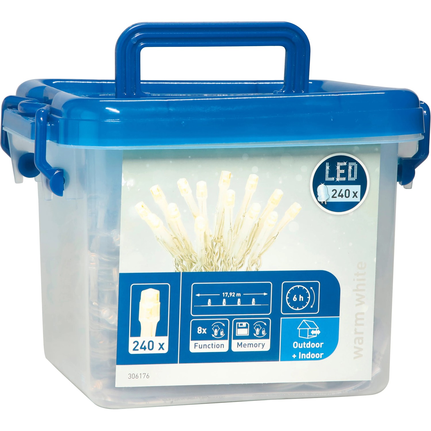 LED-Lichterkette mit 240 warmweißen LEDs in transparenter Kunststoffbox für Innen- und Außenbereich.