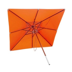 Orange, eckiger Holz-Sonnenschirm mit Handseilzug, stabilem Hartholz-Mast und Aluminium-Hülse.