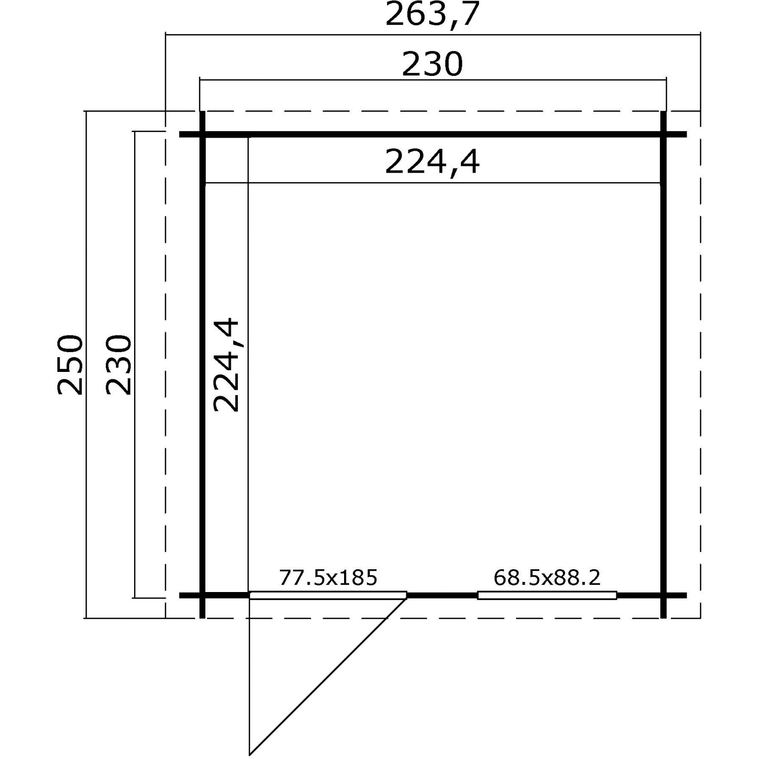 Grundriss Lasita Holz-Gartenhaus Wels 2 Natur, Maße 263,7x250cm, ideal als Gerätehaus.