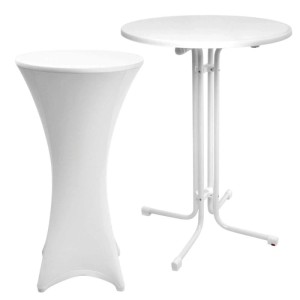 Weißer Beautissu Stehtisch Sylt (Ø 70cm) mit Stella Stehtischhusse für Partys und Events.