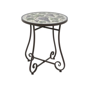 Runder Dekotisch Bordeaux mit Mosaik-Tischplatte, Traubenmuster und geschwungenem dunkelbraunem Eisengestell für Garten & Balkon.