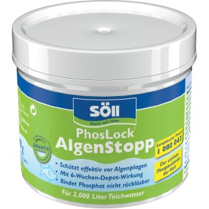 Söll PhosLock Algen Stopp 100g im weißen Behälter für die Teichpflege.