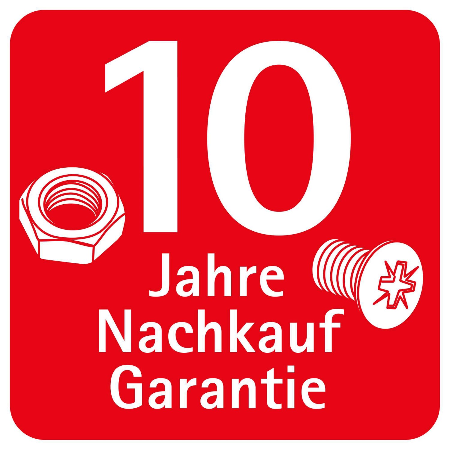 Symbol für 10 Jahre Nachkaufgarantie mit Schraube und Mutter auf rotem Grund.