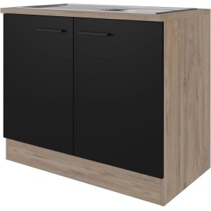 Flex-Well Spülenunterschrank Capri, 100 cm, Schwarz Matt und Endgrain Oak Dekor.