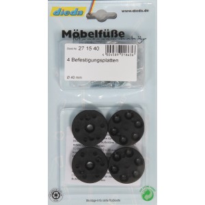 Montageplatten Set, 4 schwarze Kunststoffplatten zur Möbelbefestigung mit Schrauben.