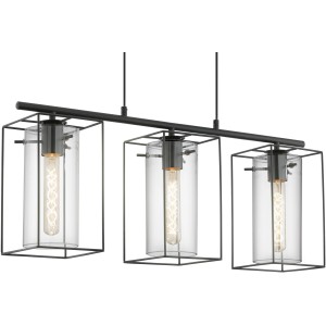 Eglo Pendelleuchte Loncino, 3-flammig, schwarz-transparent mit Rauchglas.