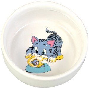 Weißer Trixie Keramiknapf mit Katzenmotiv, 0,3 l, ø 11 cm. Katzennapf für Futter oder Wasser.
