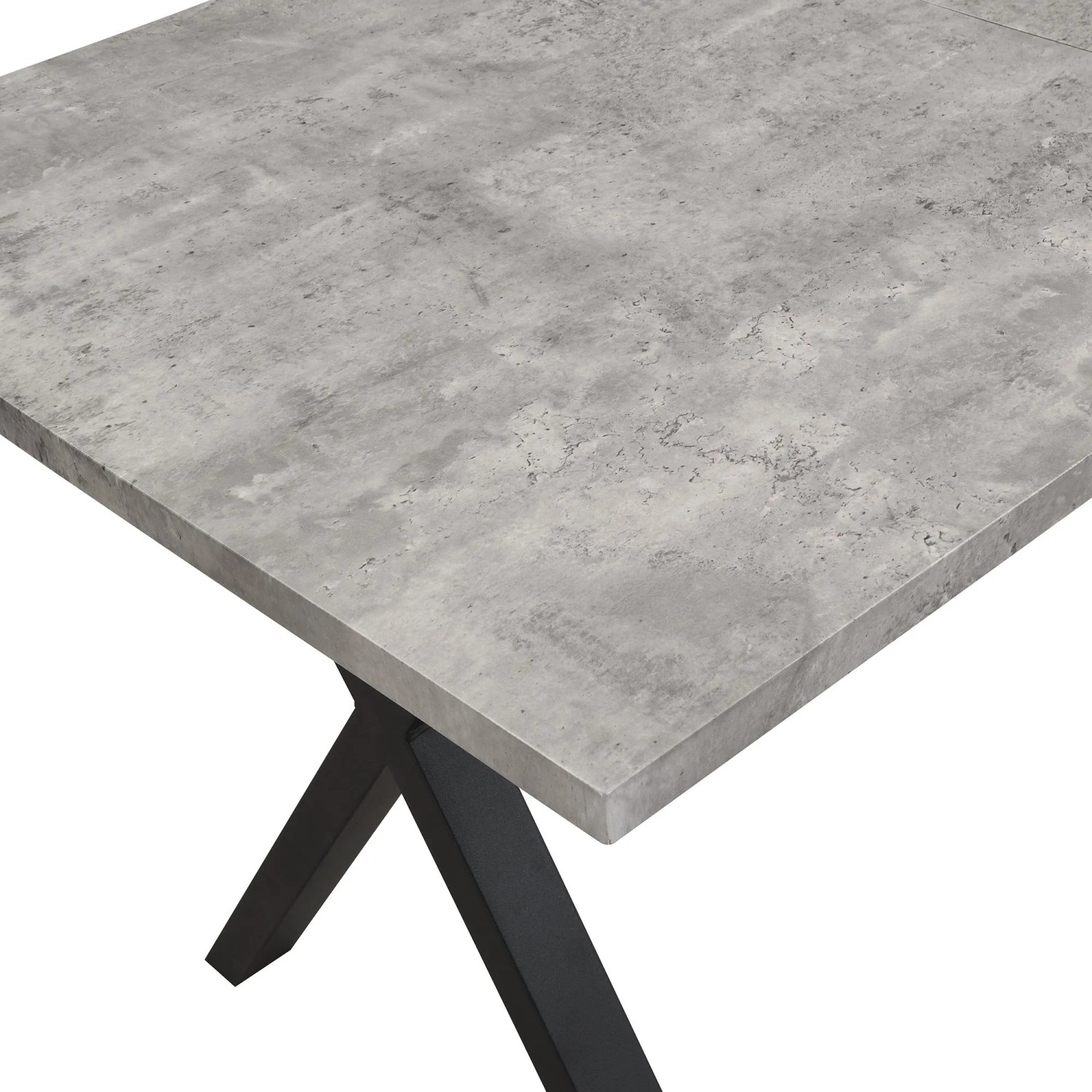 okwish Esstisch/Couchtisch, grau, mit Betonoptik-Platte und schwarzem Metall-Kreuzbein-Gestell.
