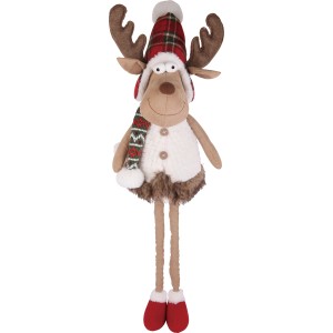 Stehendes Stoff-Rentier in Rot und Grün mit Mütze und Schal, Weihnachtsdekoration.