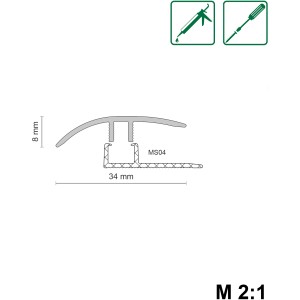 Übergangsprofil aus Aluminium, silber eloxiert, mit Maßen 34 x 8 x 900 mm.
