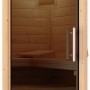 Karibu Sauna Leona mit Glastür und Blick ins Innere mit Liegen.