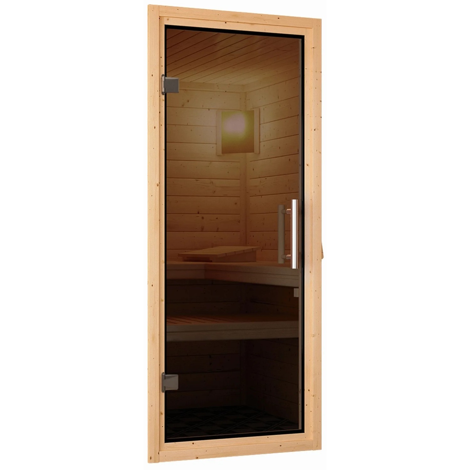 Karibu Sauna Leona mit Glastür und Blick ins Innere mit Liegen.