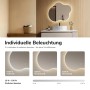 Organischer Emke LED-Badspiegel mit beleuchtetem Rand in drei Lichtfarben (warm, neutral, kalt) und Dimmfunktion.