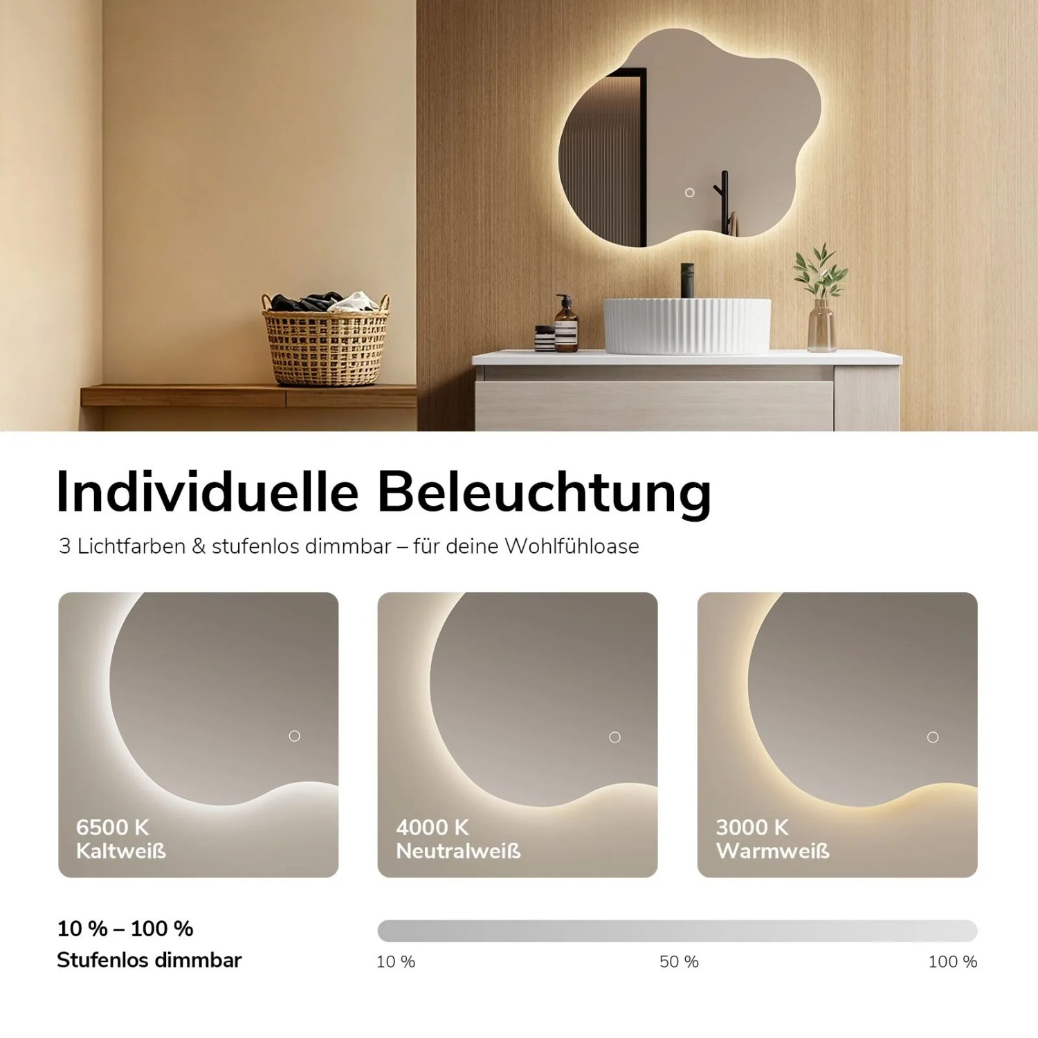 Organischer Emke LED-Badspiegel mit beleuchtetem Rand in drei Lichtfarben (warm, neutral, kalt) und Dimmfunktion.