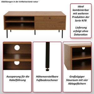 TV-Rack N78 skandinavischer Stil, Naturholz-Optik, schwarze Metallfüße, offene Fächer, Schiebetür.