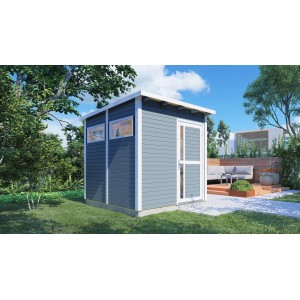 Graues Bertilo Gartenhaus Pentus 2 aus Holz (234x226cm) mit Flachdach im Garten.