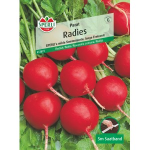 Sperli Radieschen "Parat" Saatband: Karminrote, runde Radieschen mit grünen Blättern.