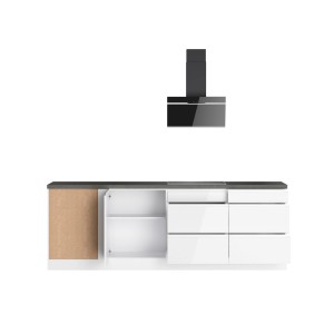 Moderne Winkelküche Gera in Weiß/Beton mit E-Geräten und Dunstabzugshaube.