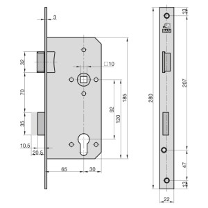 Technische Zeichnung: Basi Einsteck Haustürschloss ES 979, Lochung PZW, Stulp 22 mm, DIN Links