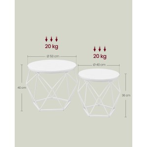 Vasagle Couchtisch 2er Set, runde, abnehmbare Tischplatten, weißes Metallgestell, Größenangaben.