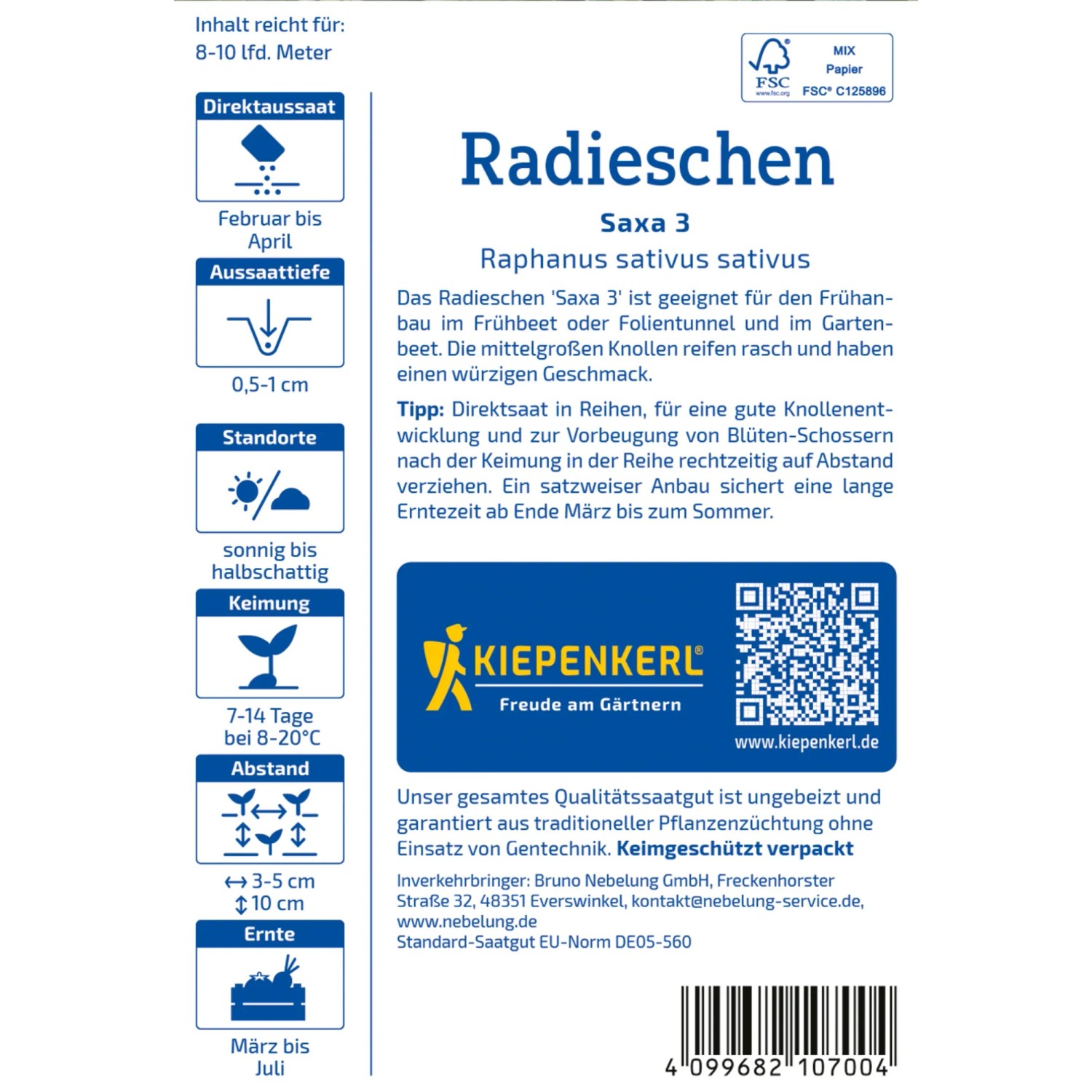 Kiepenkerl Radieschen Saxa 3 Saatgut-Packung mit Pflanzanleitung. Schnell reifende Gemüsesamen für Garten & Frühbeet.