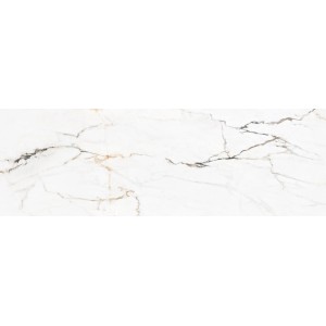 Weiße, glänzende Wandfliese Torano in Marmoroptik, 33,3x100 cm, rektifiziert.