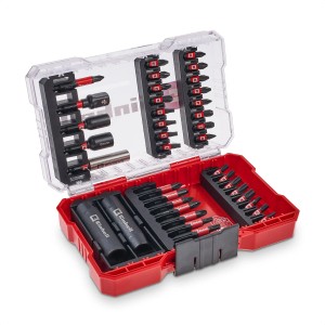 Einhell Impact Bit- und Stecknuss-Set, 39-teilig im roten M-Case, geöffnet.