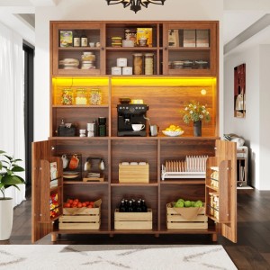 okwish Hochschrank mit LED-Beleuchtung Snackablage Küche 140 x 40 x 185 cm Braun