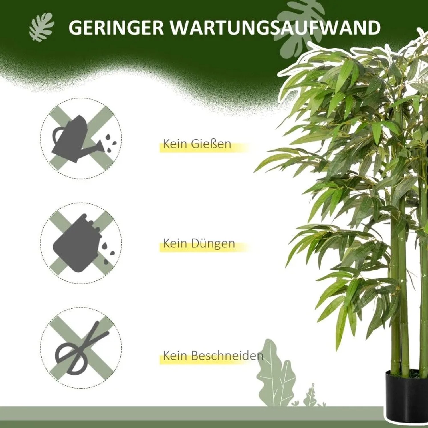 Künstlicher Bambusbaum, 140 cm, mit grünen Blättern. Zeigt geringen Pflegeaufwand: kein Gießen, Düngen, Beschneiden.