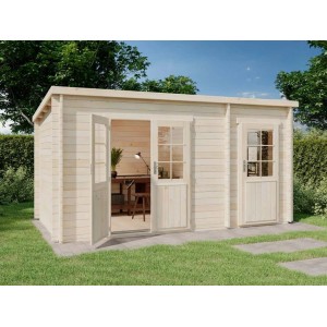 Imprägniertes Alpholz Gartenhaus Maria-28 aus Holz mit Doppeltür und Anbau im Garten.