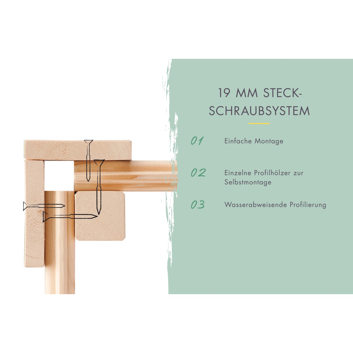 Detailaufnahme Steck-Schraubsystem (19 mm) für Karibu Gartenhaus, einfache Montage.