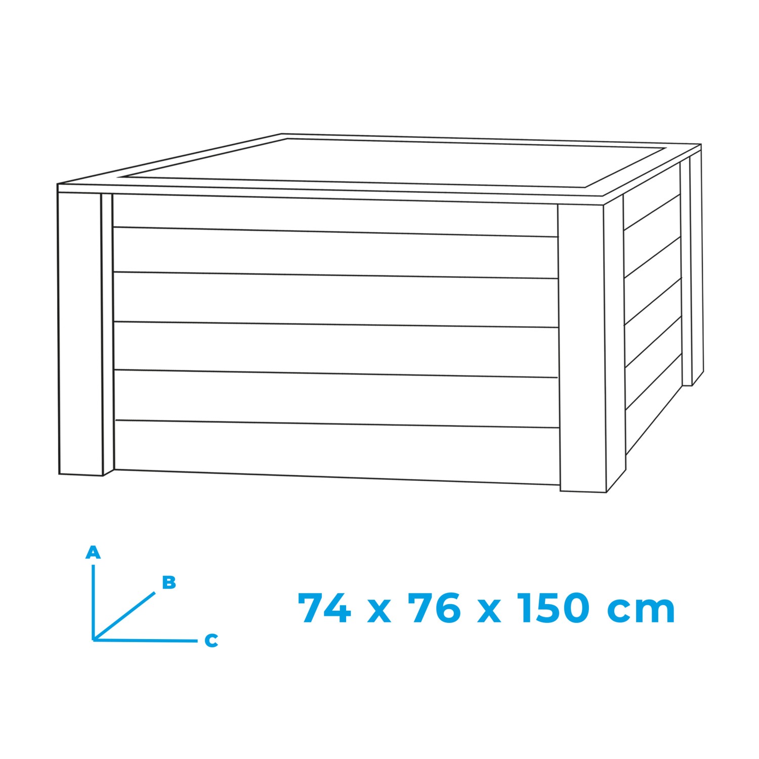 Skizze eines rechteckigen Hochbeets aus Holz (Pinie), 150x76x79 cm, für Garten und Terrasse.