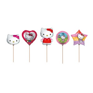 Mehrfarbige Hello Kitty Mini Folienballons, 5-fach sortiert auf Holzstäben. Geschenkidee für Kinder.