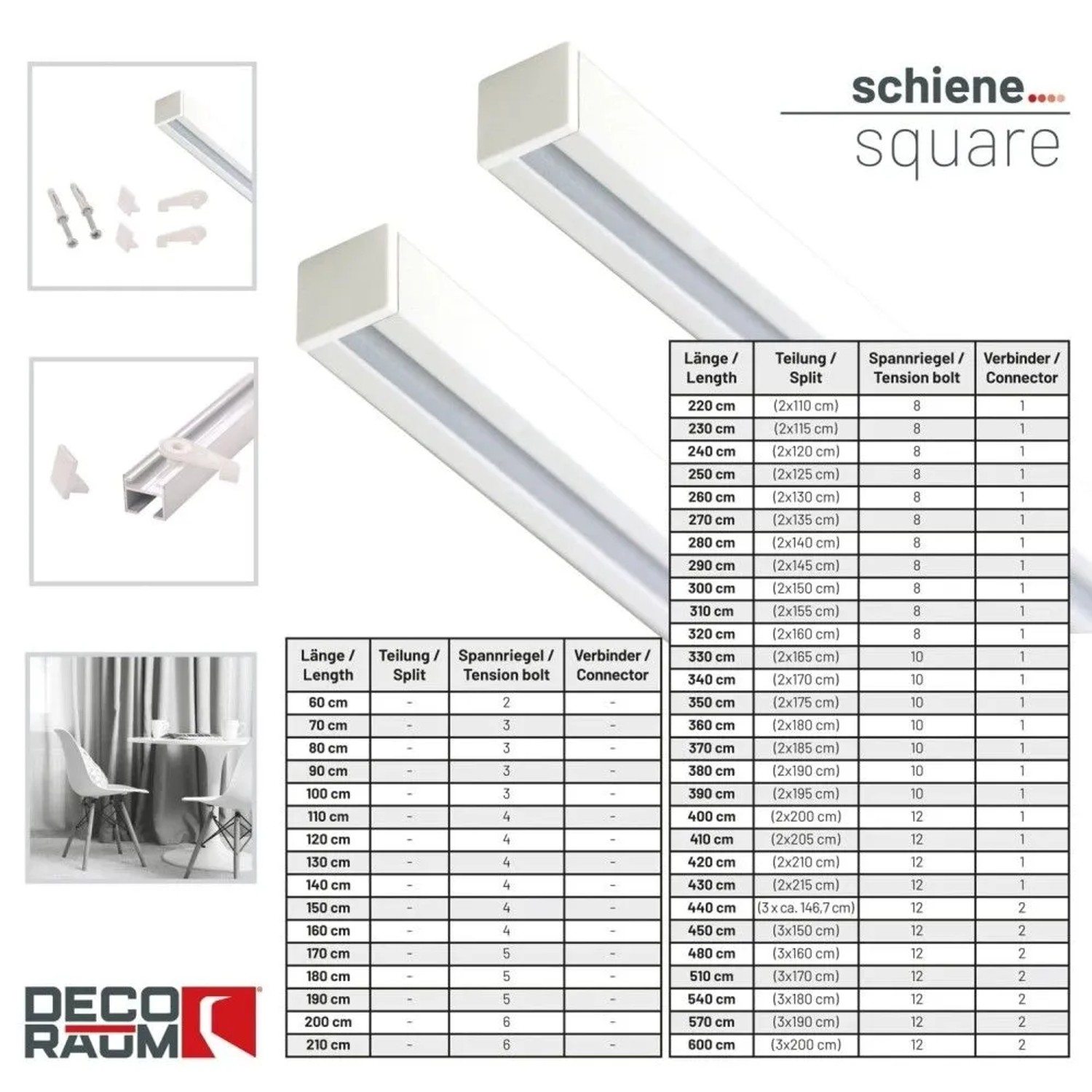 Weiße Deco-Raum Gardinenschiene Square mit Zubehör für Deckenmontage. Zeigt Schiene, Befestigung & Anwendungsbeispiel.