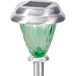 LED-Solarspieß aus Edelstahl mit grünem Glas, Solar-Wegeleuchte für Garten und Gehwege.