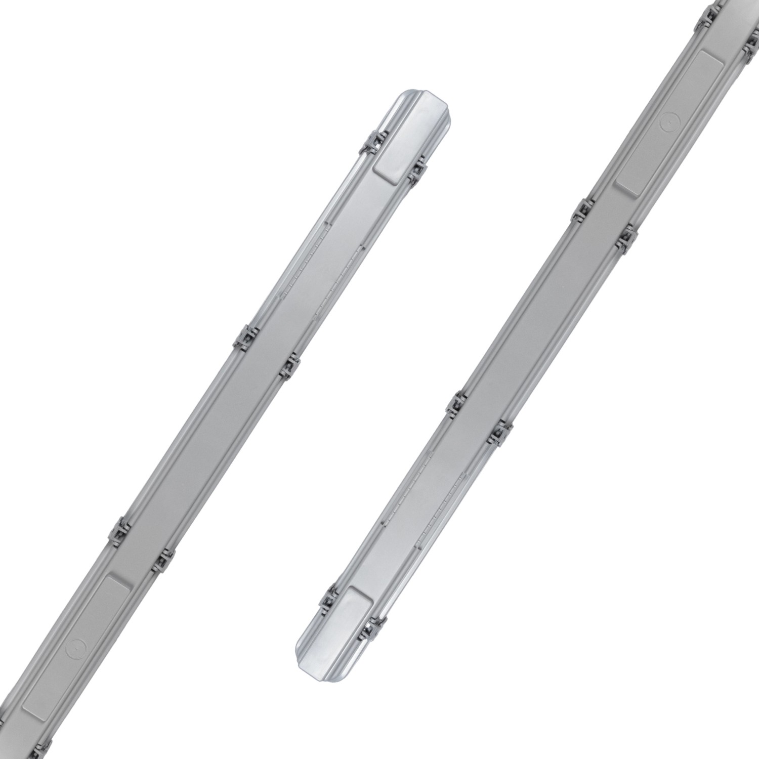 Graue LED-Feuchtraumleuchte (17,5 W) mit Rohr für z.B. Keller oder Garage.